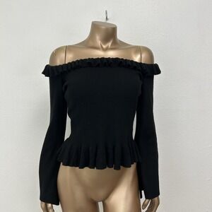 Y2k Black Ribbed Fitted Off The Shoulder Sweater Bell Sleeves Gothic Grunge Sz 6